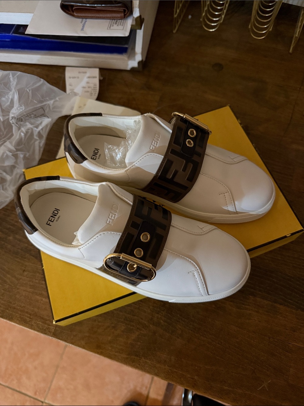 Fendi White Leather Sneakers with Brown Logo Buckle Strap
